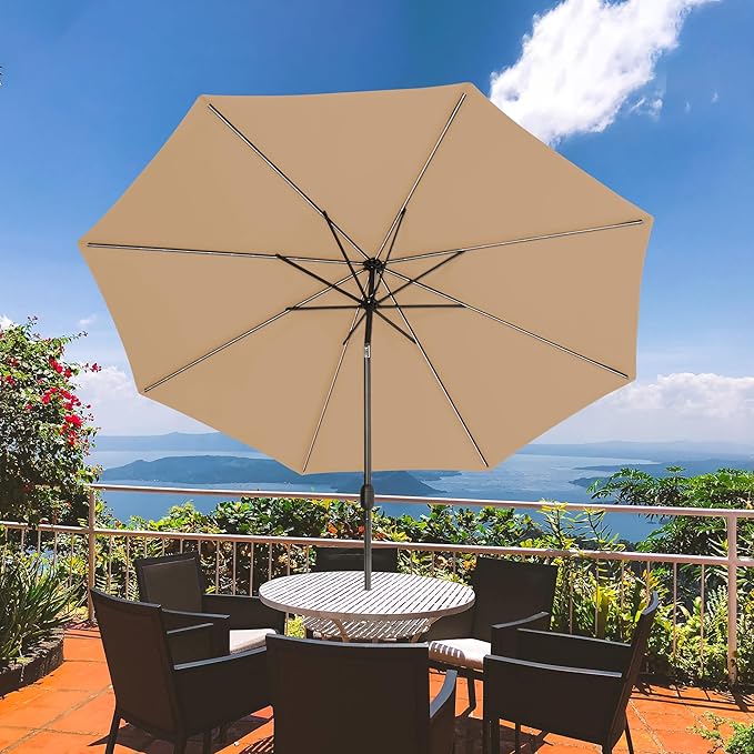 Sundale Outdoor Olefin 5-Year-Non-Fading Solar 80 LED 9 FT Solar Patio Umbrella with Sand Bag Base, Outdoor Umbrella with Tilt and Crank, Tan