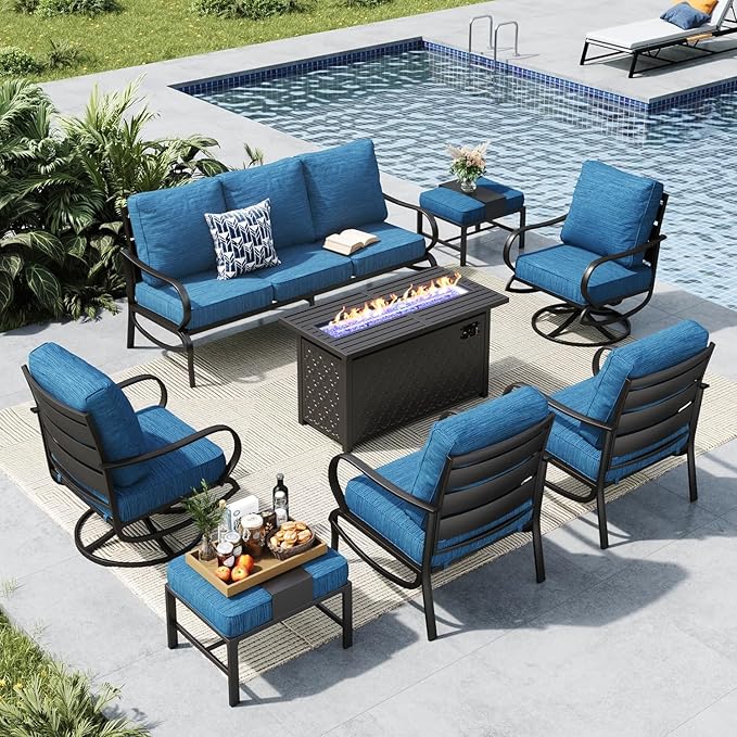 MFSTUDIO Patio Furniture Sets with 45" Gas Fire Pit Table, 8 Pieces Outdoor Metal Conversation Set with 1 x 3-Seat Sofa, 2 Single Chairs, 2 Swivel Chairs and 2 Ottomans, Peacock Blue Cushion
