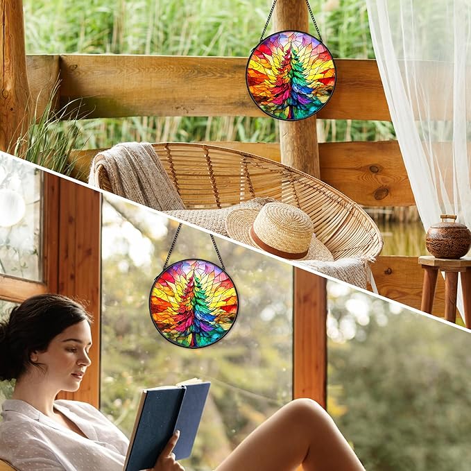 cvjutf Christmas Tree Suncatcher Stained Glass Window Hanging Decor, Colorful Xmas Tree Stained Glass Wall Decor, Christmas Garden Sun Catchers Indoor Window Hanging Wall Art Lawn, 7.9x7.9 Inch