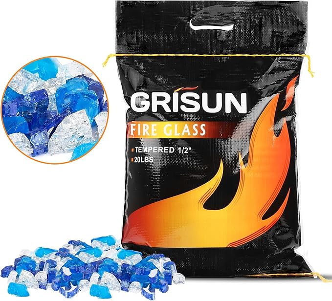 GRISUN 20 Pounds Bahama Blend Fire Glass for Fire Pit - 1/2 Inch High Luster Reflective Tempered Glass Rocks for Natural or Propane Fireplace, Safe for Outdoors and Indoors