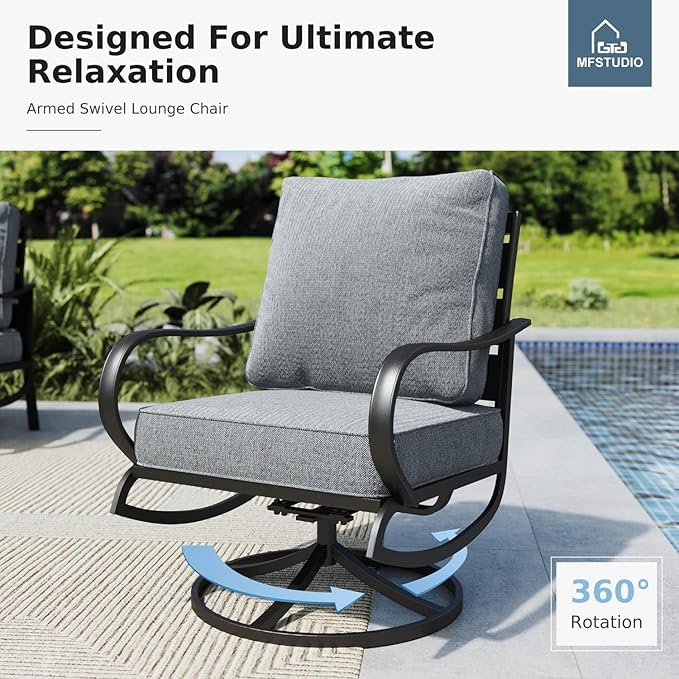 MFSTUDIO 7 Pieces Metal Patio Furniture Sets, 2 Swivel Chairs, 3-Seat Deep Seating Sofa, 2 Single Couch and 2 Ottoman, All Weather 9 Seats Outdoor Conversation Set for Garden Backyard, Grey Cushion