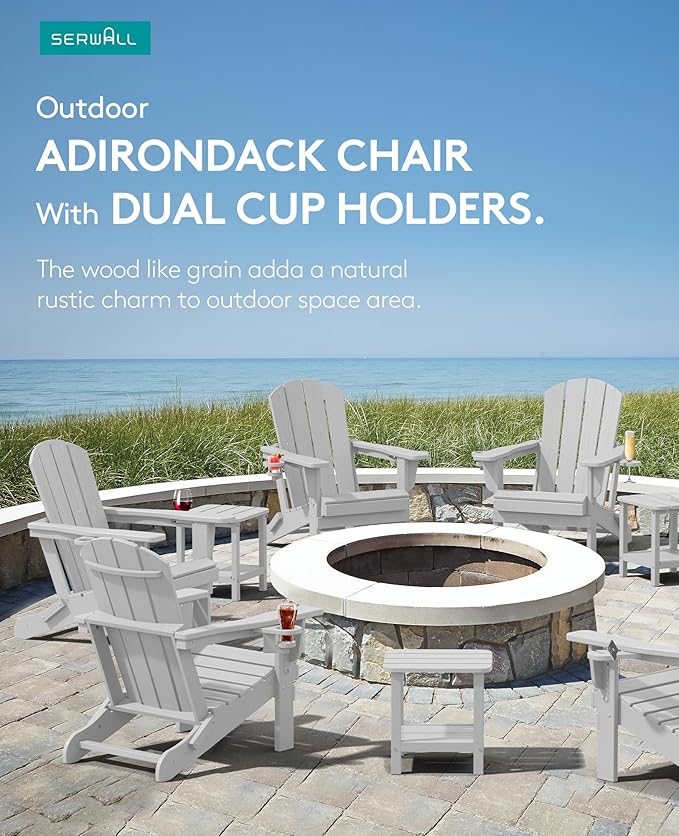 SERWALL Adirondack Chair with Cup Holders - Composite Adirondack Chairs HDPE Outdoor Chairs All Weather Use- Silver Gray