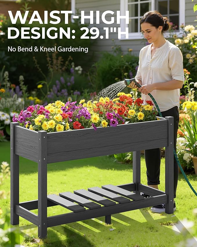SERWALL Raised Garden Bed Set of 2, HDPE Raised Bed for Gardening All Weather Use- Grey