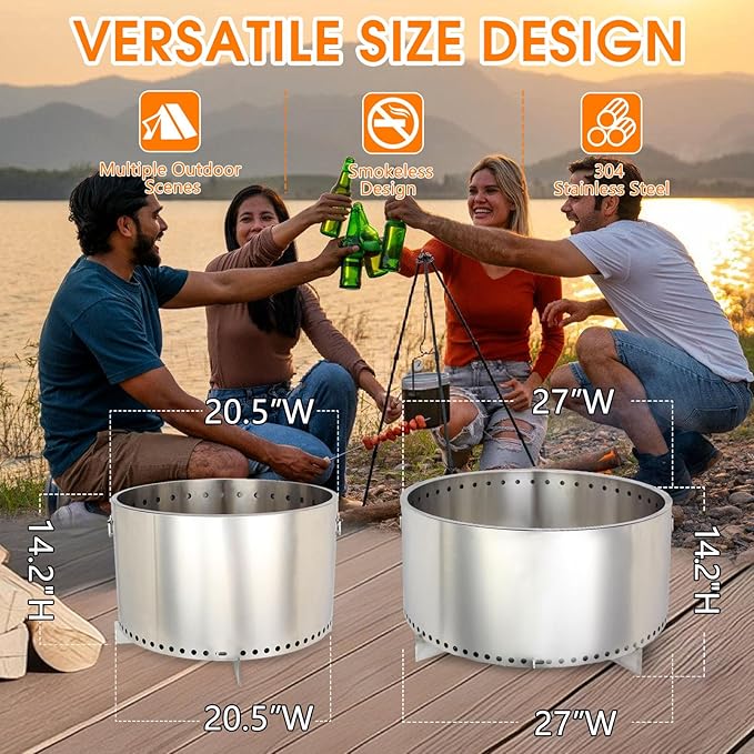 27" Smokeless Fire Pit, Wood Burning Camping Stove with Removable Stand & Ash Pan, Portable Outdoor Bonfire Fire Pit, Stylish Practical Solo Stoves for Camping Backyard Patio Beach