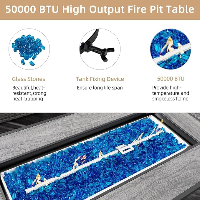 JAMFLY 45 Inch Propane Fire Pit Table, 50,000 BTU Outdoor Gas Firepit Table for Outside Patio, Glass Wind Guard, Blue Glass Rocks,Waterproof Cover, Grey