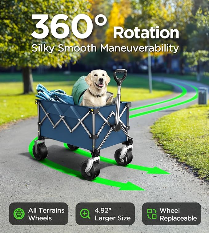 Collapsible Folding Wagon Cart with Large Wheels & 150L Capacity | Heavy-Duty Foldable Utility Wagon for Groceries, Camping, Beach, Sports & Garden Use | Compact Storage, No-Tool Setup-Blue