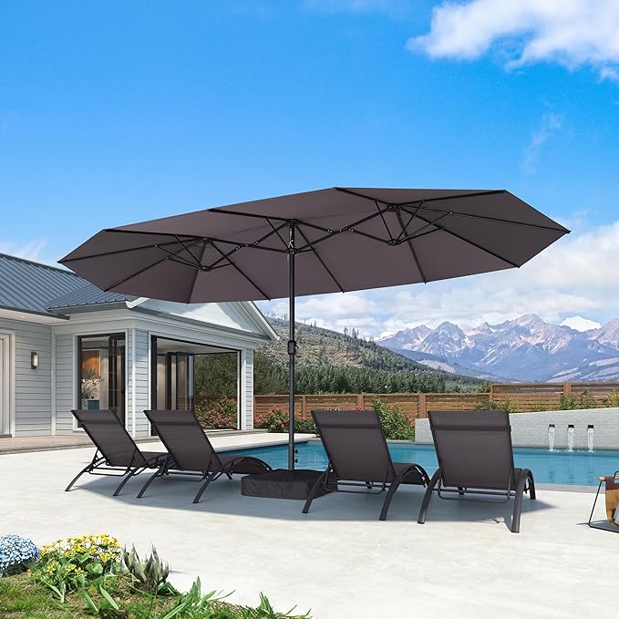 PURPLE LEAF 15ft Patio Market Umbrella with Base Double-Sided Rectangle Outdoor Table Sun Umbrellas with Crank 12 Heavy Duty Sturdy Ribs for Pool Beach Deck Backyard Gray