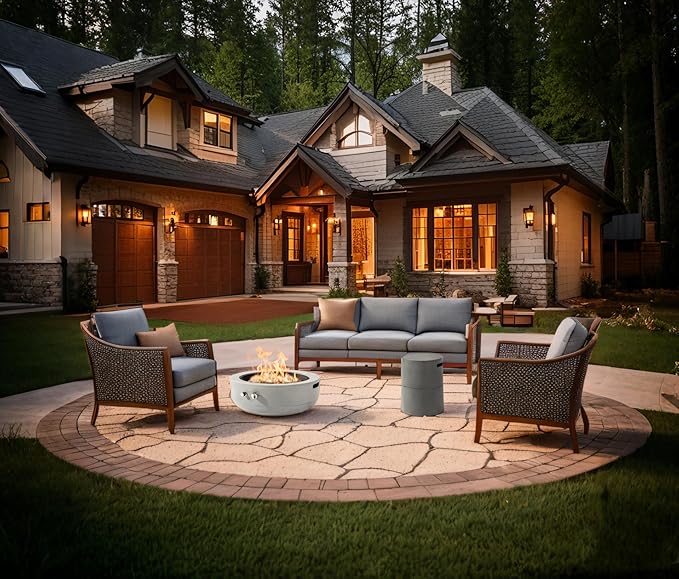 24'' Round Propane Fire Pit Table, Outdoor Steel Firepit with Lava Rocks - Compact Patio Heater for Deck, Balcony, Small Backyard (Tank Not Included).