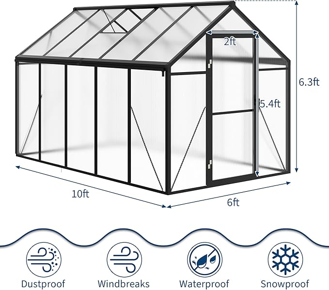 6×10 FT Greenhouse, Large Walk in Greenhouses for Outdoors and Garden Planting, Polycarbonate Greenhouse with Enhanced Aluminum Frame, Green Houses with Quick Setup Structure and Roof Vent, Black