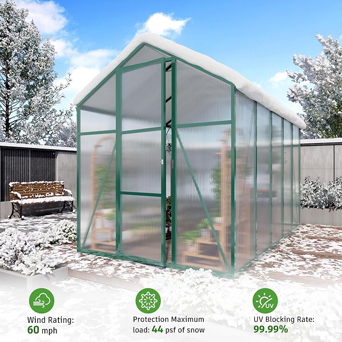 Greenhouse for Outdoors 6.1x4.1x7.2 FT, Polycarbonate Greenhouses with Roof Vent, Lockable Door and Ground Nails, Heavy-Duty Aluminum Walk-in Green House, Large Sunroom for Garden, Green