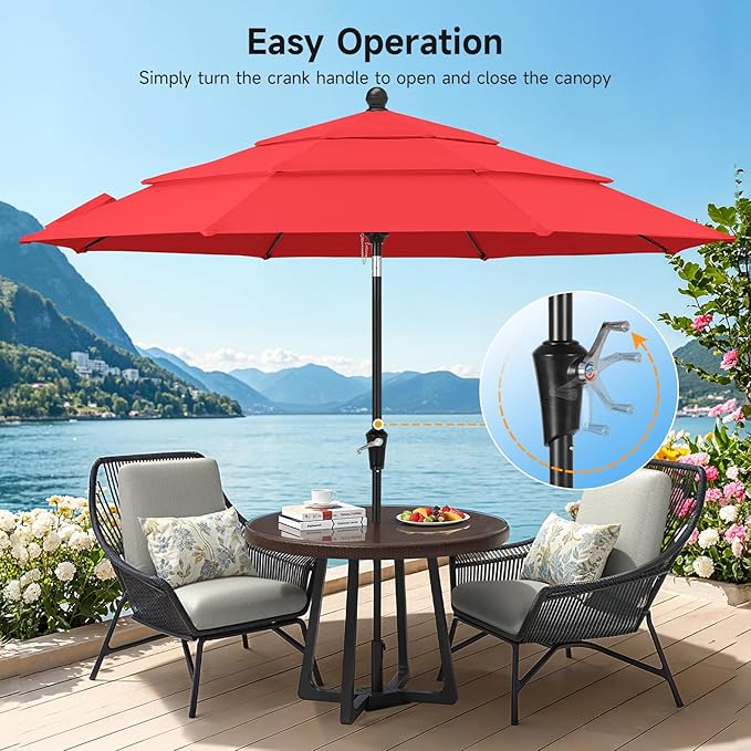 9 FT Outdoor Patio Umbrella, 3 Tier Market Table Umbrella with 8 Sturdy Fiberglass Ribs and 1.5’’ Pole, Smooth Button Tilt Patio Umbrella for Backyard Pool Garden, Red(No Base)