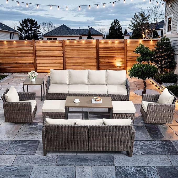 HUMMUH 9 Piece Patio Furniture Set Outdoor Sectional Sofa,High Back Patio Swivel Rocker Chairs with Ottomans Coffee Table for Porch,Garden,Backyard(Brown/Beige)