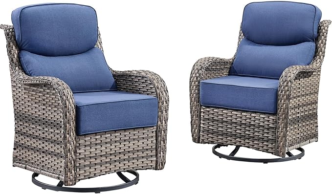 Rilyson Patio Outdoor Swivel Rocker Chairs Set of 2, Waterproof Wicker, High Back, Deep Seating, Wide Armrest, Upgraded 6 inch Thick Cushions, Ideal for Deck Porch Backyard, Mixed Grey/Blue