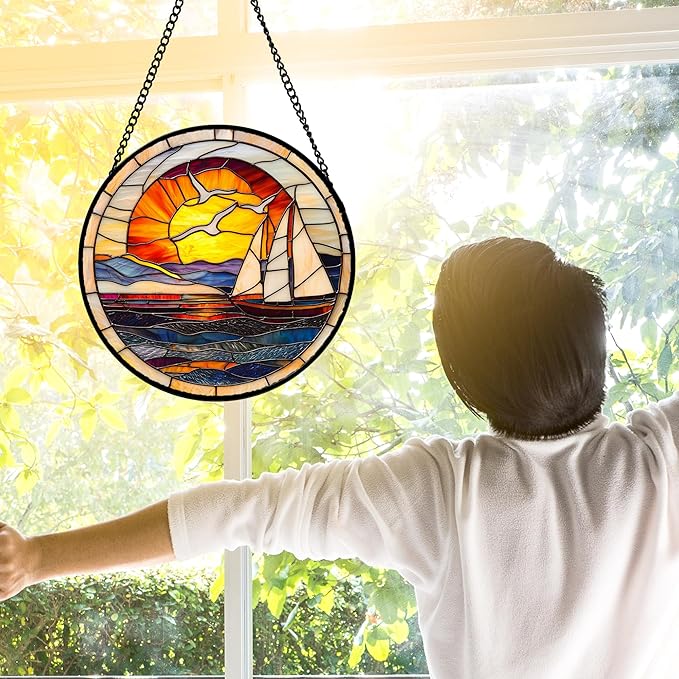 DASTOLL Stained Glass Window Hanging, Sun Ocean Sailboat Seagull Abstract Suncatcher Diamond Glass Panel Sun Catchers Decor for Birthday for Women, Men, Wife, Aunt, and Mom 6.3 in