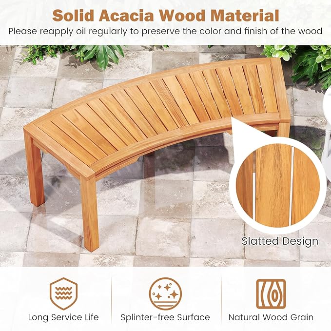 RELAX4LIFE Wooden Outdoor Curved Bench - Acacia Wood Garden Bench w/Slatted Seat, 2-Person Outside Backless Seating for Porch Backyard Deck Park, 800 LBS Load Capacity, Patio Fire Pit Bench (1, 45'')