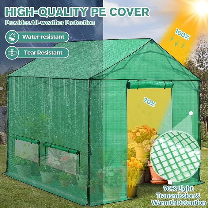 COOS BAY 10x10 FT Pop up Greenhouse Outdoor with Winter Support Pole, Walk in Green House with Power Access Openings, Zippered Doors & Windows, Durable PE Cover, Green