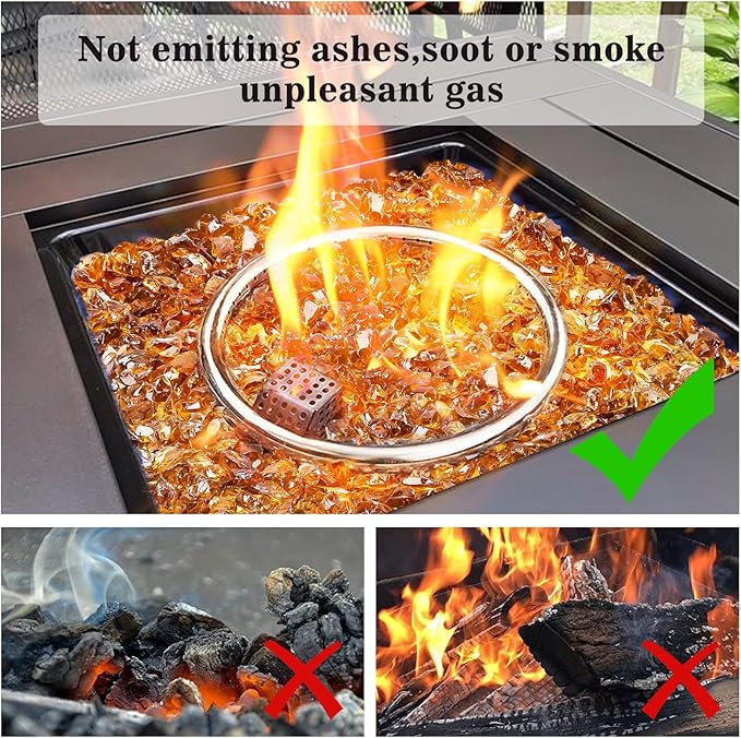 GRISUN Golden Amber Fire Glass for Fire Pit - 1/2 Inch 20 Pounds Tempered Glass Rocks for Natural or Propane Fireplace, Safe for Outdoors and Indoors Firepit Glass
