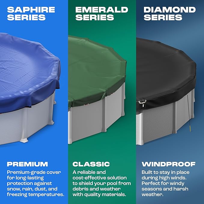 Yankee Diamond Series Pool Covers for Above Ground Pools | All-Weather Windproof Light 21ft Round Pool Cover w/ 12 Screw-In Pegs, 12 Ropes | 3 Mounting Methods, Strong Fastenings for Triple Protection