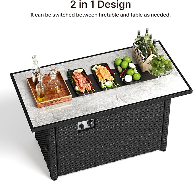 Gizoon 45" Gas Fire Pit Table, Propane Fire Pit with Glass Rocks, Waterproof Cover and Pe Rattan, Outdoor Patio Fire Pits for Backyard, Garden, Party