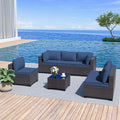 Kurapika 7 Pieces Patio Furniture Set, Rattan Wicker Outdoor Conversation Sets w/4 Inch Cushion and Glass Coffee Table(Navy Blue)