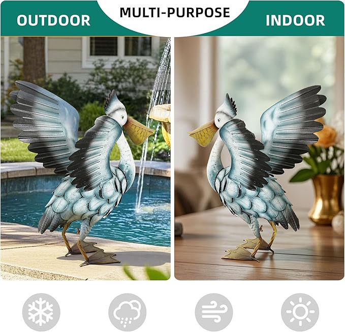 Ultym 18.5" Metal Pelican Yard Decor - Handmade Large Coastal Ocean Bird Sculptures with Stable Ground Stakes, Backyard Decoration, Metal Garden Art