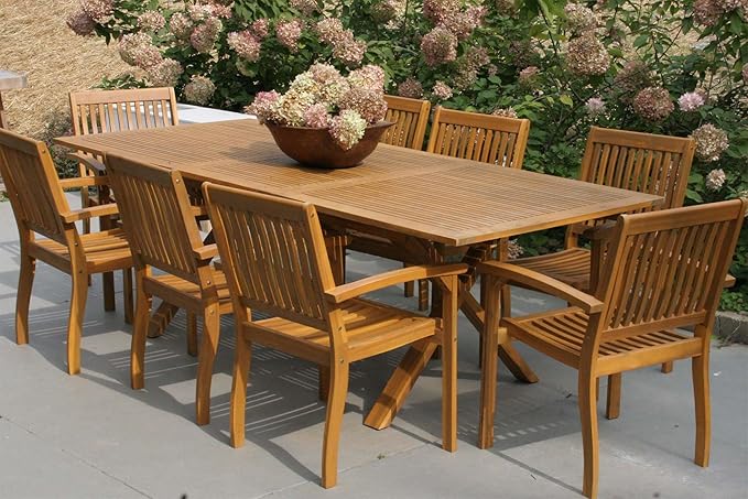MIXPATIO Acacia Wood Outdoor Dining Set, 9 Pieces Patio Dining Table and Chairs Set, Expandable Dining Table(1.97" Umbrella Hole) and 8 Wooden Chairs, Patio Furniture Set for Deck Poolside Backyard