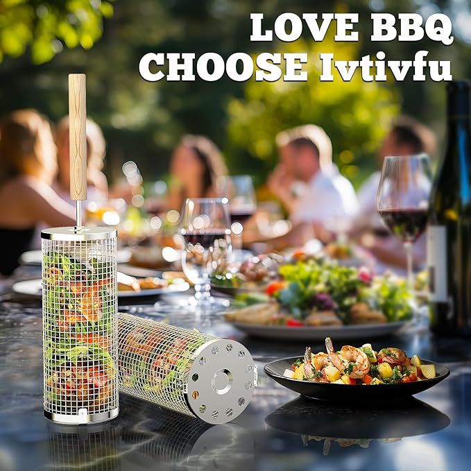 Rolling Grill Basket, Removable Wooden Handle, 304 Stainless Steel, Nesting BBQ Tools, Smoker Grilling Accessories for Vegetable, Outdoor Cooking Camping, Birthday Gifts for Men Dad Husband