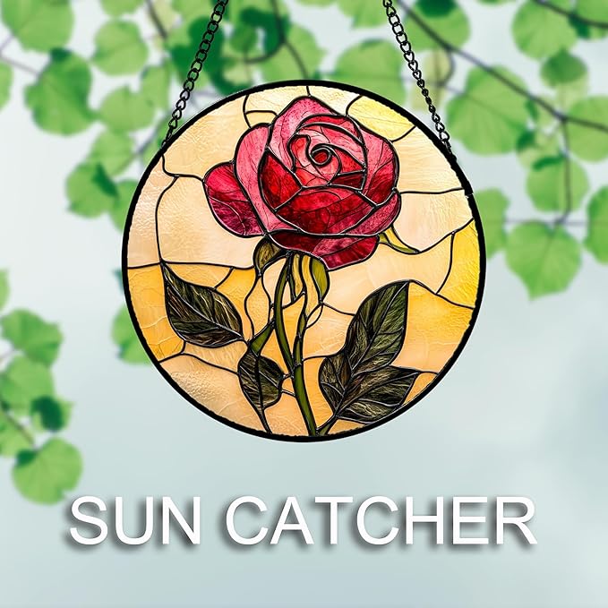 AMDERVEN Stained Glass Window Hanging 4 Pcs Set Lily Rose Sunflower Poppy Large 15" - Flower Suncatcher Door Garden Sun Catcher Decor Birthday Mother's Day for Wife Woman Nana Girl