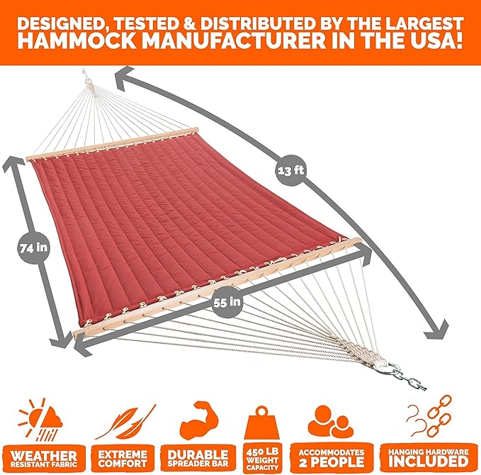 Castaway Living Large Red Quilted Polyester Hammock – 13 ft. x 55 in., 2-Person, 450 lb Capacity, Free Extension Chains & Tree Hooks – Designed for Patio, Yard & Garden Relaxation