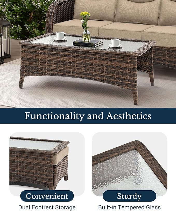 HILLGA Luxury Patio Furniture Set with 6-inch Thick Cushion, Outdoor Couch, Loveseat and High Back Swivel Rocker Patio Chairs, 7PCS Wicker Conversation Set for Deck Yard and Poolside, Beige (V2)