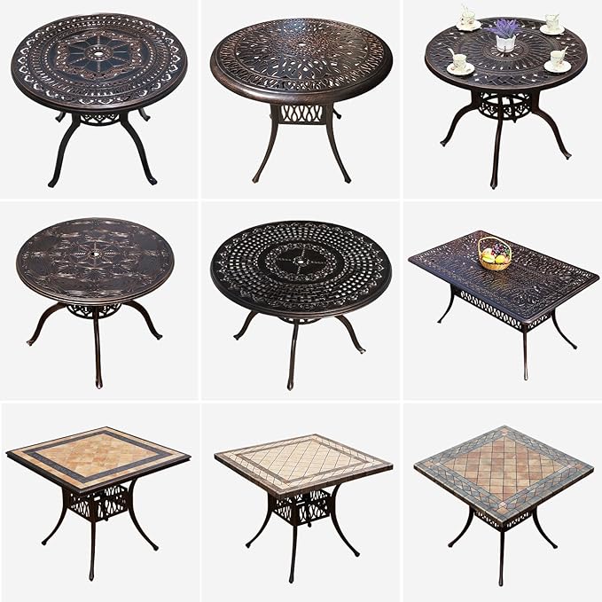 FAPOLITE Outdoor Table Cast Aluminum Round Patio Table with Umbrella Hole All Weather Outdoor Dining Tables for Lawn Garden Backyard (90cm Round Tables with Slanted Lattice)