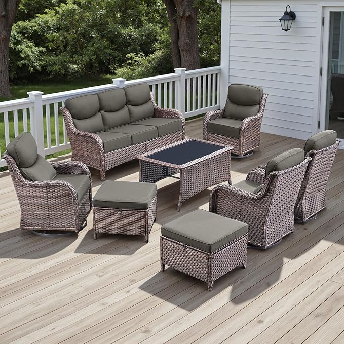 Rilyson Wicker Outdoor Patio Furniture Set - 8 Piece Patio Conversation Sets with Swivel Rocker Chairs, Ottomans, Sofa and Coffee Table, 6 inch Cushions, Deep Seating, for Porch Deck Brown/Grey