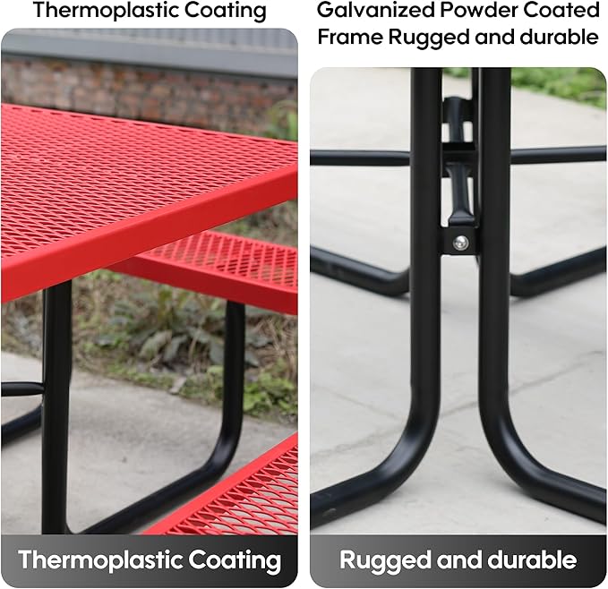 8-Person Outdoor Picnic Tables,46" Heavy-Duty Metal Square Picnic Table,Expanded Metal Commercial-Grade Table with 4 Benches & Umbrella Hole,Waterproof Coating Beach Table for Patio,Garden, Backyard
