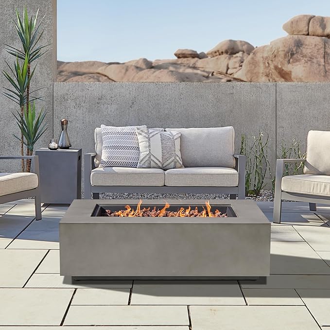 Real Flame Aegean 50in Rectangle Propane or Natural Gas Fire Pit Table, 50,000 BTU, Powder-Coated Steel, Push-Button Ignition, CSA Certified, Lava Rock, Storage Cover, Stainless Steel Burner with Lid