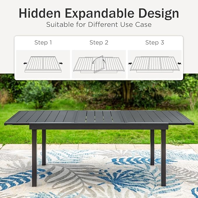 PHI VILLA Expandable Outdoor Dining Table for 6-8, Rectangle Metal Wrought Iron Extendable Table, Large Dining Furniture for Patio, Yard, Porch, Deck