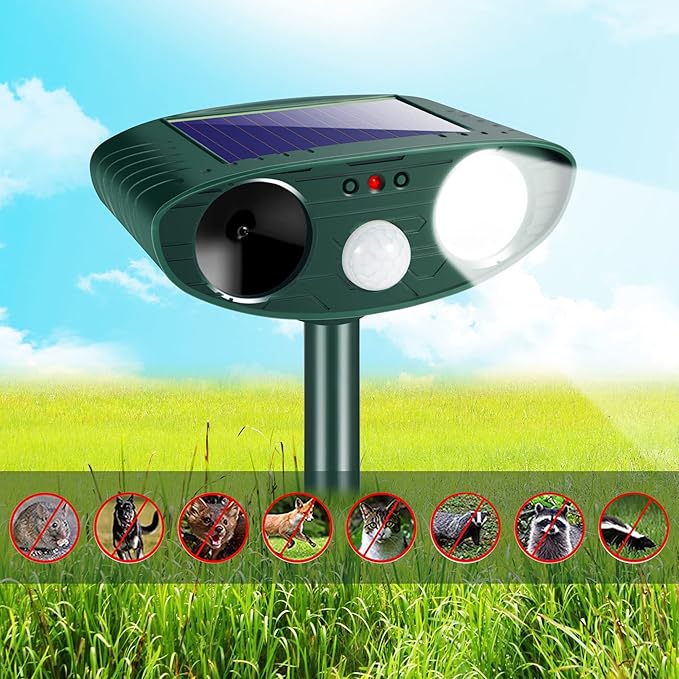 2025 Solar Animal Repellent Ultrasonic Animal Repeller Outdoor Deer Repellent Waterproof with Motion Detection Cat Deterrent Rabbit Raccoon Dog Squirrel Coyote Skunk Repellent for Yard Garden