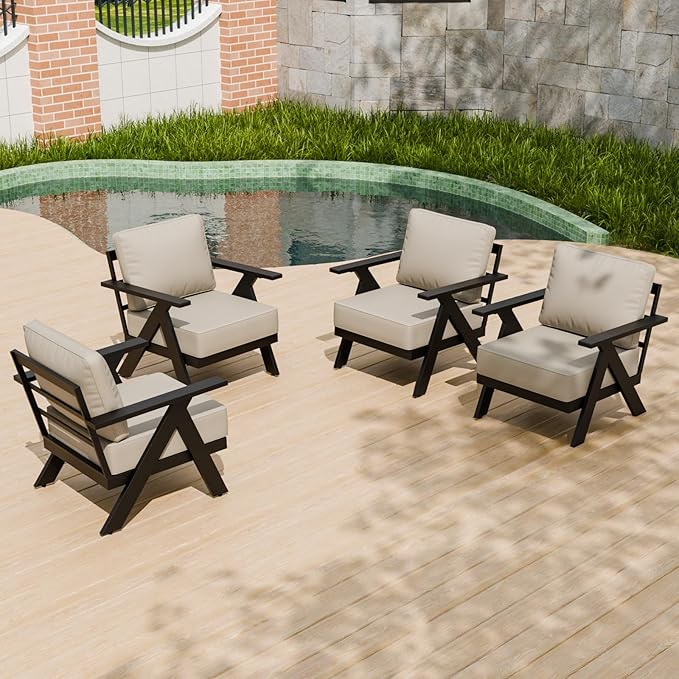 Urban Anvil 4 Pieces Patio Furniture Outdoor Metal Armchairs, All-Weather Patio Accent Chairs with Cushions for Balcony, Porch, Deck, Black/Beige