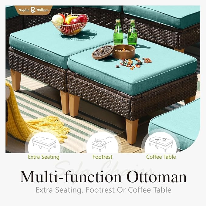 Sophia & William Patio Furniture Set with Fire Pit Table, 8 Piece Outdoor Wicker Furniture Sectional Sofa, Large Patio Rattan Conversation Set with Ottoman & 56" Fire Pit Table(Aqua Blue)