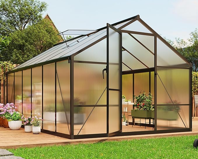 8×12 FT Greenhouse, Large Walk in Greenhouses for Outdoors and Garden Planting, Polycarbonate Greenhouse with Enhanced Aluminum Frame, Green Houses with Quick Setup Structure and Roof Vent, Black