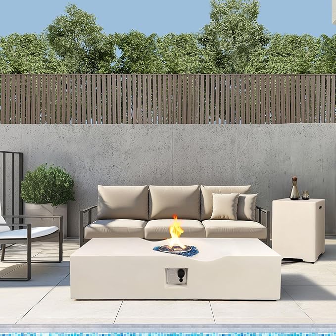 Rectangular Propane Fire Pit,56 Inch Outdoor Fire Pit Table Set w Tank Cover,2-Piece 50,000 BTU Gas Firepits w Glass Stones,Gas Fireplace for Outside Patio & Deck