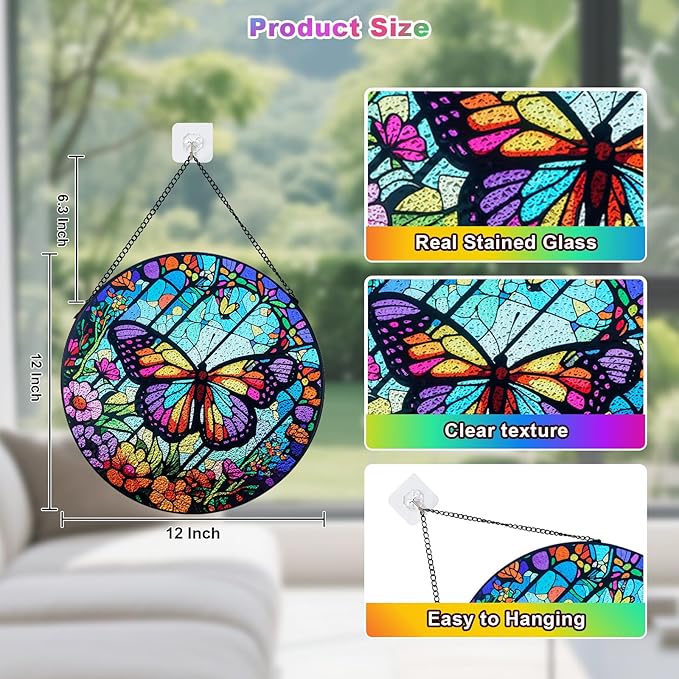 Stained Glass Window Hanging - Butterfly Suncatchers for Indoor Windows, Butterfly Stained Glass Decor for Home, Garden, Cottage, Sun Catcher Gift for Women (12 Inch)