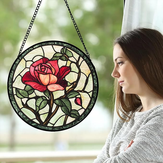 AMDERVEN Stained Glass Window Hanging, Red Rose Flowers Sun Catcher for Door Garden Home Decor Suncatcher Christmas Mother's Day Birthday Gifts for Women Lovers Men Wife Girlfriend Mom Nana 11.8 in