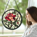 AMDERVEN Stained Glass Window Hanging, Red Rose Flowers Sun Catcher for Door Garden Home Decor Suncatcher Christmas Mother's Day Birthday Gifts for Women Lovers Men Wife Girlfriend Mom Nana 15 in
