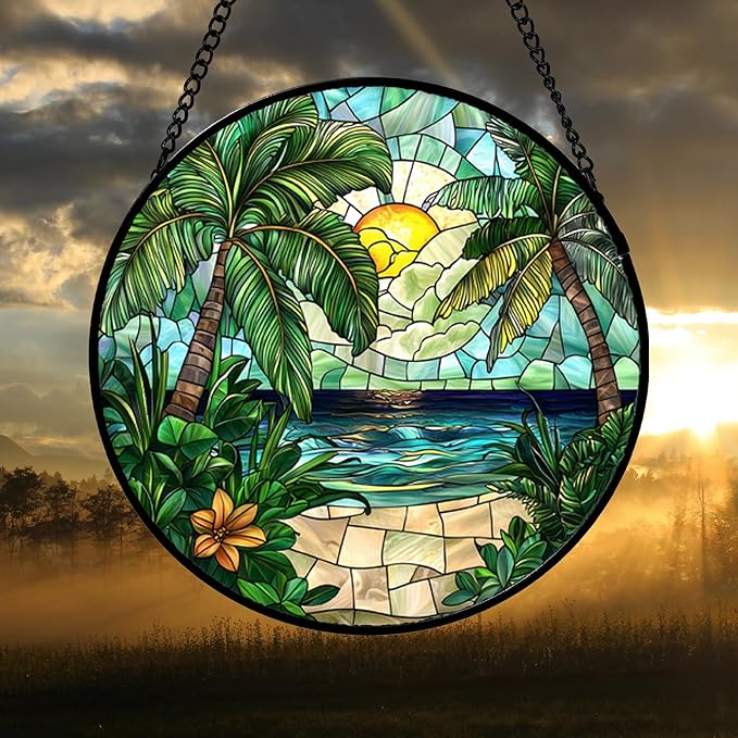 DASTOLL Stained Glass Window Hanging, Green Beach Scenery Suncatcher Diamond Glass Panel Hangings Sun Catchers Decor for Birthday for Women, Men, Wife, Aunt, and Mom 14.9x14.9 in