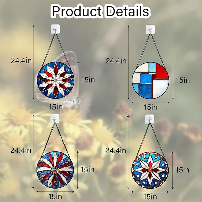 AMDERVEN Stained Glass Window Hanging 4 Pcs Set Abstract Flowers in Red White Blue Large 15" - Suncatcher Door Garden Sun Catcher Decor Birthday Mother's Day Xmas Gift for Mom Woman Nana Men Parents
