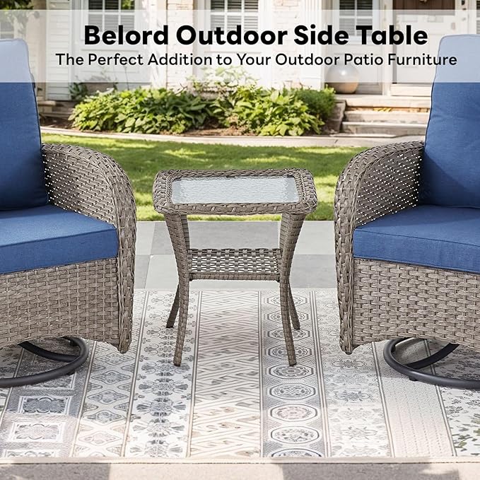 Belord Handwoven Wicker Side Table - 20 Inch Small Outdoor Table 2 Tier Storage with Tempered Glass Top, All Weather Outdoor Patio End Tables for Deck Balcony Outside Gray