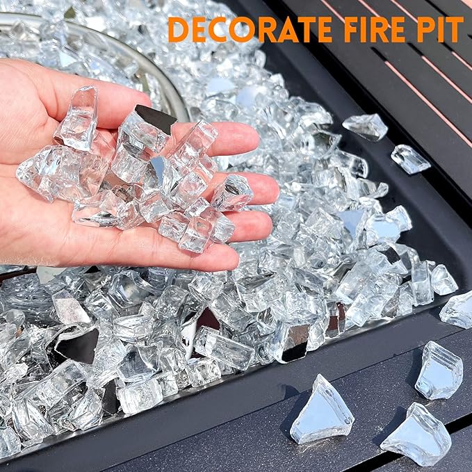 GasSaf 1/2 Inch Fire Glass Reflective Tempered Fireglass Cut Crushed FireGlass for Fire Pit, Fireplace, Replaces Existing Gas Logs & Lava Rocks (20 Pound)(Crystal Ice Reflective)