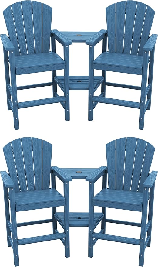 SERWALL Tall Adirondack Chairs Set of 4 with Double Layer Connecting Tray, HDPE Bar Height Outdoor Chairs, Wood-Like Adirondack Bar Stools for Patio, Balcony, Porch, Blue