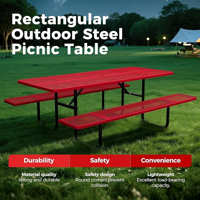 KUFUH 72" Coated Round Metal Picnic Table for 4-6 Person, Durable Heavy Duty Commercial Picnic Table with Umbrella Hole for Outdoor Coffee Shop, School, Easy to Install, Red