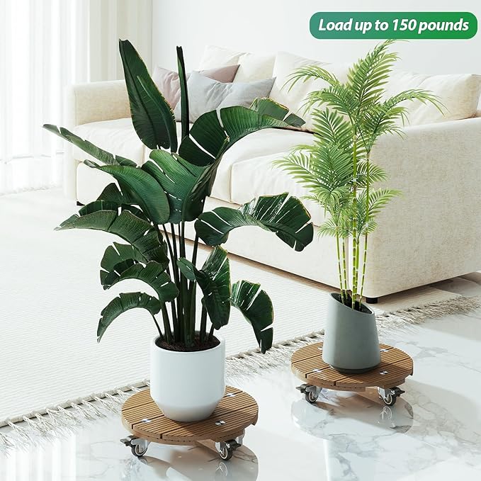 mondaria 2 Pack Plant Caddy with Wheels, 13.8" Wood Plastic Composite Plant Stand, Heavy Duty Round Plant Dolly with Metal 360° Lockable Caster Wheels for Large Plant Pots, Flower Pot ,Brown
